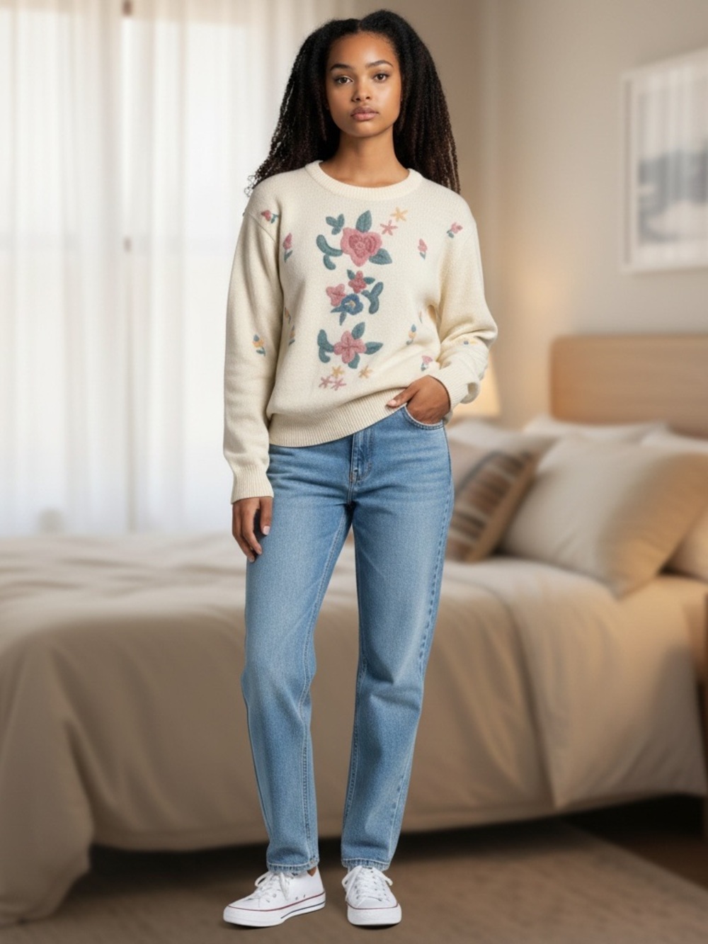 Alfred Dunner Cream Floral Crewneck Sweater with Pink & Green Accents